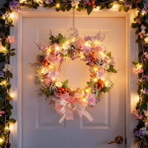 Türkranz Frühling mit LED Licht, 40cm Frühlingskranz Haustür Beleuchtet mit Blumen Rosen Kranz Frühling Blumenkranz mit Lichterkette Batteriebetrieben Ostern Türkranz Ganzjährig Wandkranz (C)