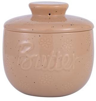 AMIEENOR Französische Butterdose mit Wasser-Dichtung, 227g Keramik Butterkühler mit Wasserlinie, Blumen-Relief Butterbehälter für Streichzarte Butter, Vintage Küchendeko, Braun