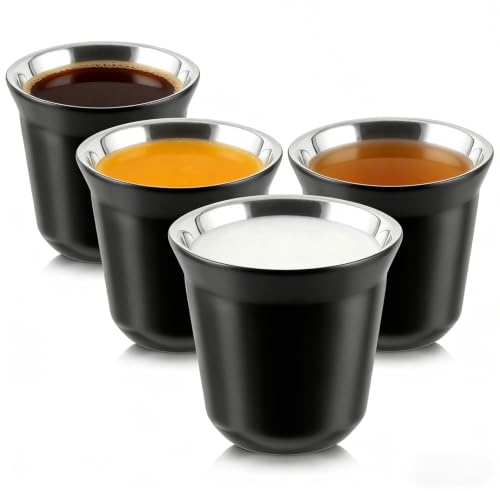 DAJAVE 4 tazze da caffè in acciaio inox, 80 ml, colore nero e argento