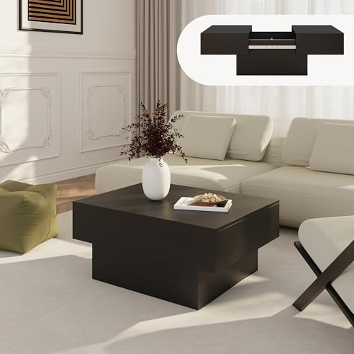 [en.casa] Mesa de Centro Lens Mesa Baja Rectangular con Tablero Extensible y 2 Compartimentos Internos Mueble Auxiliar Mesita para Salón MDF 80 x 60 x 36 cm - Negro