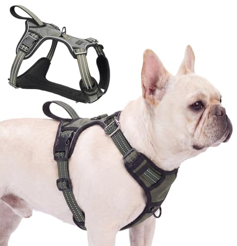 Olcyren Anti Zug Hundegeschirr, Anti Zieh Geschirr für Hunde mit Griff, Verstellbar Reflektierend Atmungsaktiv Hundegeschirr, Brustgeschirr für Kleine Mittlere Grosse Hunde (Armeegrün, S)