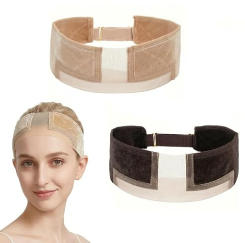 Adjustable Wig Grip Headband, 2 PCS Non-Slip Wig Band to Hold Wigs in Place | Invisible Breathable Lace Headband, Comfortable Elastic Wig Grips for Any Head Size (Dark Brown+Beige)