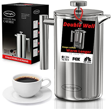 SterlingPro Cafetera de prensa francesa (1,5 L), prensa de café grande de doble pared con 2 filtros gratis, disfruta de un café sin gránulos garantizado, elegante accesorio de cocina libre de óxido,