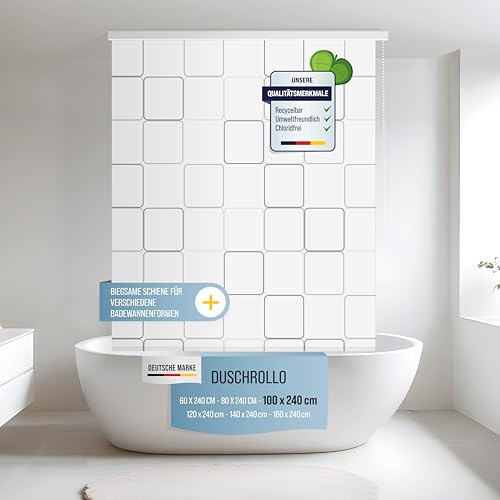 Rapid Teck Halb-Kassetten Duschrollo 100 cm x 240 cm in verschiedenen Designs - Duschvorhang mit Seilzug – moderner Badewannenvorhang – platzsparendes Duschvorhang Rollo