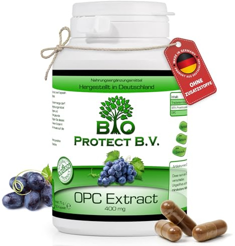 OPC Traubenkernextrakt 400 mg, 150 vegane Kapseln, BioProtect Premium Pure | Ohne Zusatzstoffe und vegan; je Kapsel 120 mg reines OPC, standardisiert und nach der präzisen Bate-Smith-Methode bestimmt