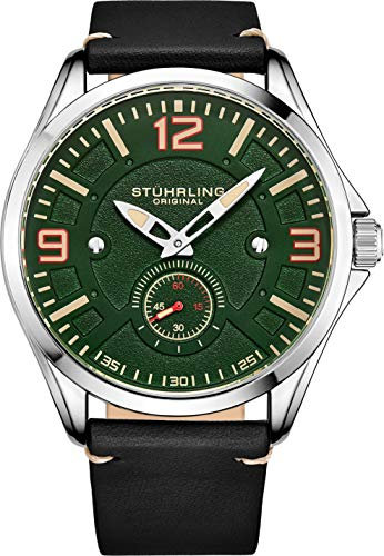 Stuhrling Original Aviator Herrenuhr - Strukturierte analoge Zifferblattuhr in Schwarz, Zifferblatt in Sekundenschnelle, lässiges genähtes Lederband, 3934 Mens Watches Collection (Grün)