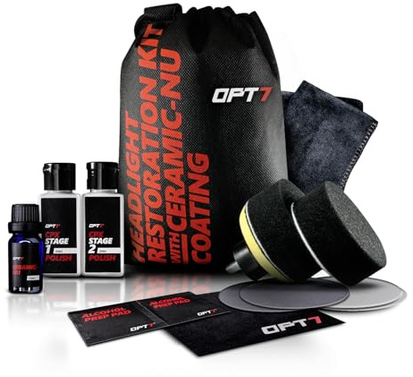 OPT7 Headlight Restoration Kit with Exclusive Ceramic Nu Coating - Professional Detailers Grade - Lens Polisher Drill Set