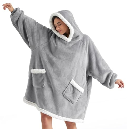 Bedsure Blanket Hoodie, Wearable Blanket Hoodie as Gifts for Mom, Birthday Gifts for Women Kids Teens Mother's Day Sherpa Sweatshirt, Grey, Standard