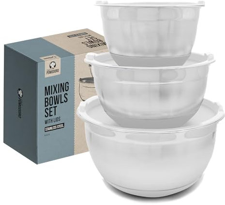 Chef Pomodoro Rührschüssel – Rührschüssel Set – Schüssel mit Deckel – 3er Schüssel Set – Edelstahl Schüsseln - Antirutsch stapelbare Schüsseln - Perfekt als Teigschüssel, Salatschüssel (Grau)