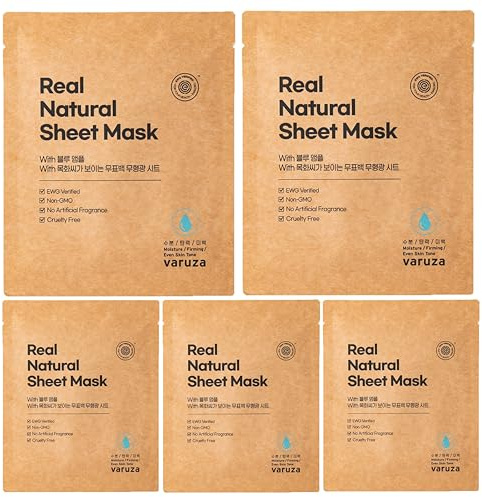 varuza] Real Natural Sheet Mask – EWG VERIFIED, Vegan Face Mask for Hydration, Non-GMO, No Artificial Fragrance, Made in Korea (5 PACK, BLUE AMPOULE)
