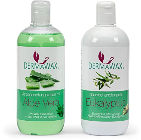 Dermawax Kit Pré & Post Épilation 2x500 ml – Lotion Tonique Aloe Vera Préparatrice + Huile Apaisante à l’Eucalyptus – Soin Complet Peau Lisse, Élimine Résidus de Cire