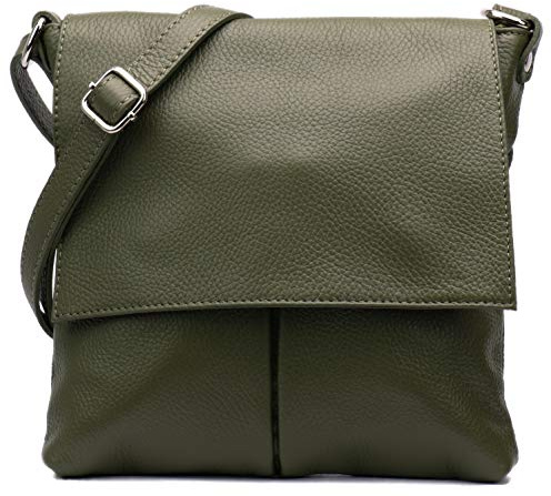 SH Leder Echtleder Umhängetasche Schultertasche Crossover aus Gernarbt Rindleder 26x25cm Kim G182 (Olivgrün)