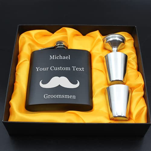 Petaca con grabado personalizado Regalo personalizado para padrinos de boda Conjunto de acero inoxidable con 2 tiros 1 embudo Negro (Bigote)