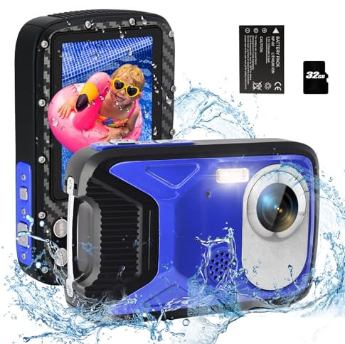 Digital Camera,Kids Waterproof Camera for Snorkeling,30MP 1080P Point and Shoot Cameras with 2.8 18X Digital Zoom,17FT Underwater Camera with a Battery and 32GB Micro Card Compact Cameras