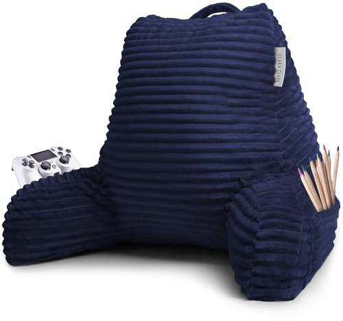 Clara Clark Coussin de Lecture en Peluche à Rayures pour Enfants et Adolescents, Coussin de Soutien du Dos, Oreiller de Repos de lit en Mousse à mémoire de Forme déchiquetée avec accoudoirs, Taille M