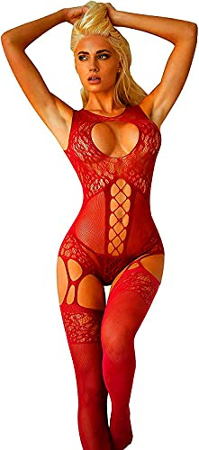 Bommi Fairy Women's Fishnet Chemise BobyStocking Babydoll Bodysuit Chemise Nightwear Perspective Lingerie Mini Dress One Size (Red)