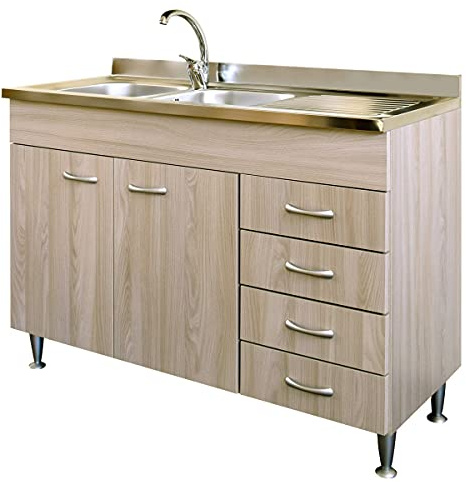 Yellowshop | Mobile sottolavello cm 120 con cassettiera completo di lavello inox serie Basic colore Olmo (Versione Dx)