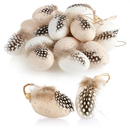 com-four® 18x Ostereier zum Anhängen - Hängedeko für den Osterstrauch 7 x 4 cm - Deko-Ostereier mit Federn und Holzperle in Wachtelei-Optik - Deko-Eier aus Kunststoff