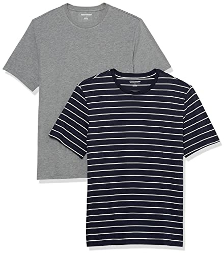 Amazon Essentials Camiseta de Manga Corta, Cuello Redondo y Corte Ajustado Hombre, Pack de 2, Azul Marino Rayas/Gris Mezcla, L