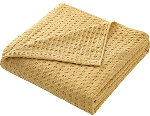 Hayisugal Tagesdecke 100% Baumwolle Waffelpique Kuscheldecke Flauschige Wohndecke Soft Sommerdecke Waffeloptik Luftige Baumwolldecke als Bett Überwurf, Sofa Couch Decke, Gelb, 200 x 230cm