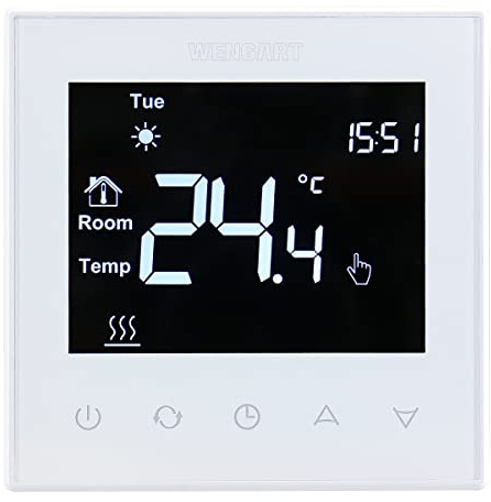 Wengart Digital pekskärm termostat WG505, veckovis programmering, 3A 230V, för gaspanna och vattengolvvärme, svart bakgrundsbelysning, fyrkantig låda montering 86 mm