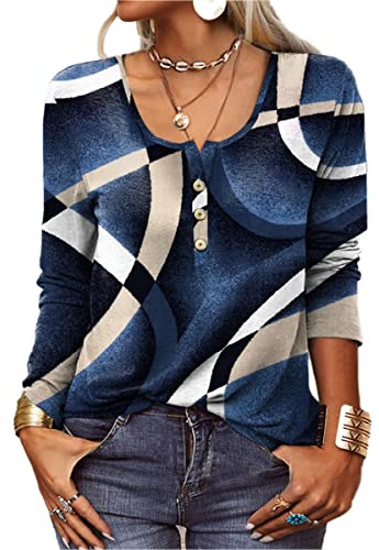 GRMLRPT Camicia Manica Lunga Maglia Donna Scollo a V T-Shirt Elegante Bluse Maglietta Donna Stampato Basic Tee Shirt(Blu,M)