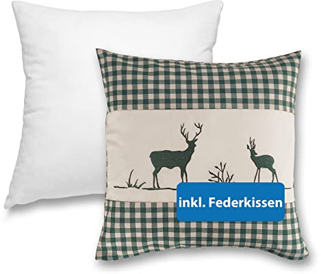 wometo Landhaus Kissenbezug 40x40 Hirsch grün inkl. Federkissen Oeko-TEX | Dekokissen-Set - Zierkissen kariert, Sofakissen mit Reißverschluss und Füllung, Kissenhülle inkl. Innenkissen