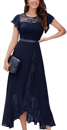 Berylove Formal Long Cocktail Dresses for Women Wedding Guest Navy 2XL | Flutter Sleeve Lace Chiffon Evening Gown, Ideal for Bridesmaid, Mother of the Bride, Prom Homecoming Party, Semi-Formal Event