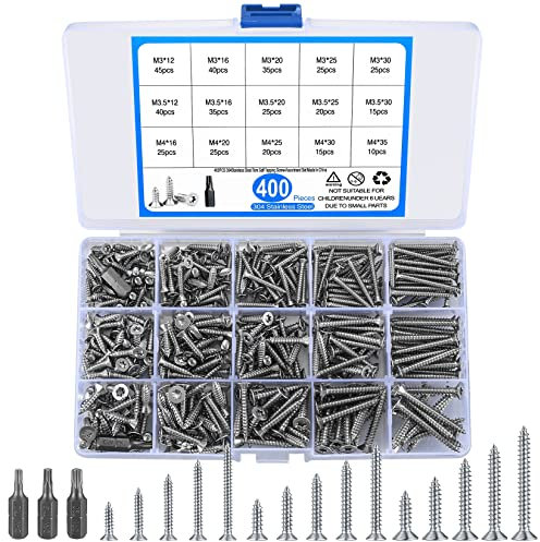 400 Pièces Assortiment de Vis Autotaraudeuses, Vis à Tête Plate, Vis Autoperceuses à Tête Torx en Acier Inoxydable, Vis à Bois avec Foret Hexagonal - M3/M3.5/M4