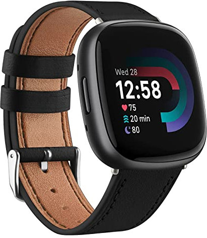 Vancle für Fitbit Versa 4/3 Armband Leder Damen Herren, Weiches Atmungsaktives Leder Sport Armband Ersatzarmbänder für Fitbit Versa 3/Fitbit Versa Sense (Schwarz)