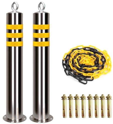 Wzmazingly Car Parking Barrier Post 2 Pcs, Stainless Steel Parking Bollard With 5m Chain, Heavy Duty Fixed Driveway Safety Bollards, With Reflective Strip