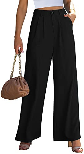 Roskiky Palazzo - Pantaloni da donna, per lavoro, casual, a vita alta, per ufficio, Nero , L