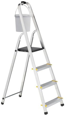 Relaxdays Trittleiter klappbar, 4 Stufen, Aluminium, 150 kg, mit Sicherheitsbügel, HBT: 137 x 43 x 75 cm, Silber/schwarz