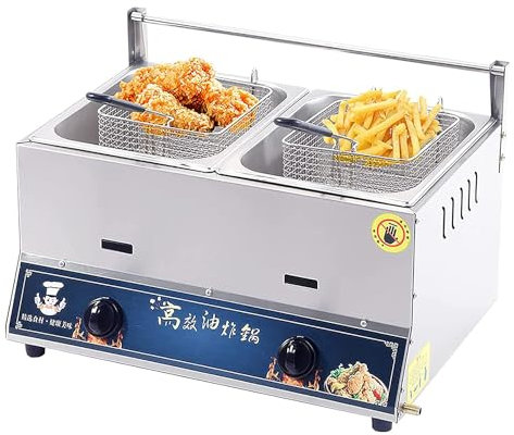 DPLXFPP Friteuse À Gaz Commerciale Professionnelle, Friteuse À Double Fente Au Gpl en Acier Inoxydable pour Restaurant, Puissance De Feu Réglable Autoportante De 10 L/20 L,20L