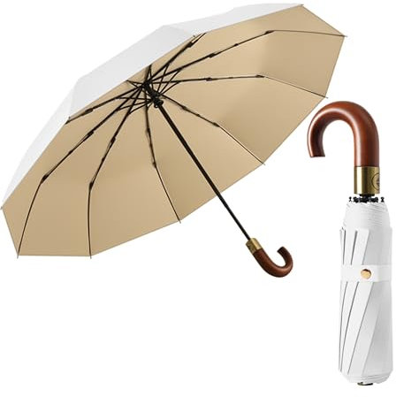 Luxurious Folding Umbrella for Men Travel Portable Golf/Car Backpack/Automatic Open/Close Coating Layer Fabric Blocking/Rain Sun Anti UPF 50 UV Protection 99.9% Crook Real Wooden J Handle