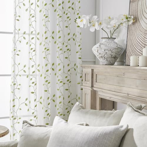 Whoiy Vorhänge Küche Kurz Polyester 2er Set, Scheibengardine Zweige Blattstickerei Modern Transparent Stores Gardinen Fenster Vorhänge Grün Rod Tasche Wohnzimmer Landhaus 114.5x132cm