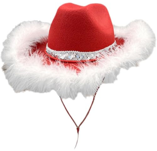 Sanfly Roter Cowgirl-Hut Aus Filz Flauschigem Federbesatz, Western-cowboyhut Für Partyzubehör, Festival, Weihnachten, Cosplay, Partyzubehör