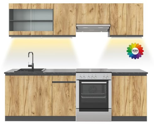 Vicco Küchenzeile Raul, Goldkraft Eiche/Anthrazit, 240 cm | J-Shape, ohne Arbeitsplatte mit LED-Leisten, mit variabel positionierbaren Modulen und höhenverstellbaren Füßen