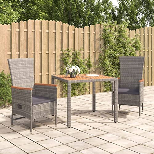 KATERYY 3-TLG. Garten-Essgruppe mit Kissen Grau Poly Rattan,Flexible und Moderne Gartengarnitur aus Polyrattan mit Verstellbarer Rückenlehne und Liegefunktion