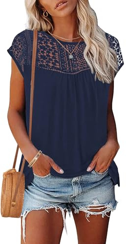 WNEEDU Blusas Mujer Verano Encaje Camisetas Camisa Manga Corta Top Elegante | Cuello redondo, versátil, casual