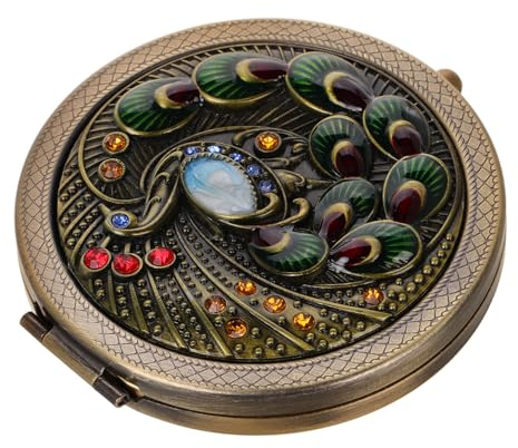ADOCARN Vintage Kosmetikspiegel Klappbar Runder Schminkspiegel Aus Metall Kompakter Taschenspiegel Im Pfauenmotiv Für Handtasche Reise Und Tägliche Nutzung