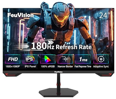 FeuVision 24 Zoll Gaming Monitor, 180Hz, FHD 1080p PC Monitor, 1ms, IPS Panel, FreeSync, Adaptive-Sync, VESA montierbar, Eye-Care, 100% sRGB, Rahmenlos Bildschirm, HDMI*1, DP*1