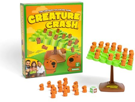 Creature Crash av Relatable, Capybara balanseringsspel, fantastiska barnspel och familjespel natt väsentligheter, inkluderar 49 capybaror, 1 balansbräda, 1 pelarbas, 1 tärning och instruktioner