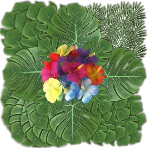 96 Stück Künstliche Palmenblätter Kit, 4 Arten Tropical Palm Monstera Blätter und Hibiskusblüten, Tropischen Pflanze Deko Palmenpflanze Blätter für Dschungel Beach Hawaiian Wedding Party Tischdeko
