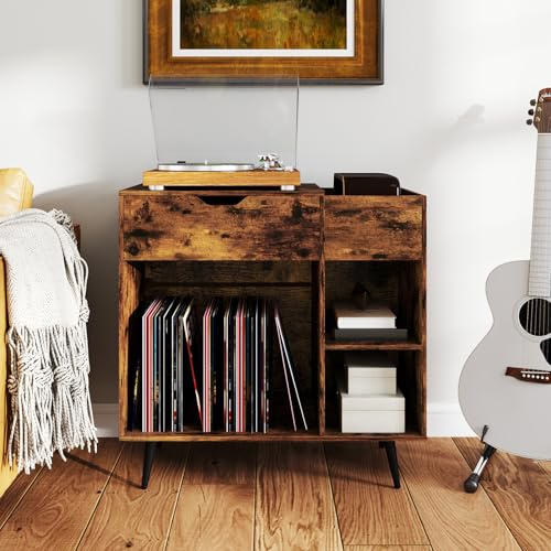 GIANTEX Soporte para Tocadiscos con Cajón y Compartimentos Abiertos, Armario para Discos de Vinilo con Estación de Carga, 80 x 40 x 79 cm, Mesa Auxiliar con Almacenamiento para Salón, Dormitorio