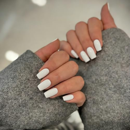 KQueenest Weiß Press On Nails Mittel Eckig, Sarg Nägel zum Aufkleben Kurz, Glänzende Jelly-Gel Fake Nails Fingernägel zum aufkleben Ballerina, Einfarbig Acryl Kunstnägel für Frauen, 24 Stück
