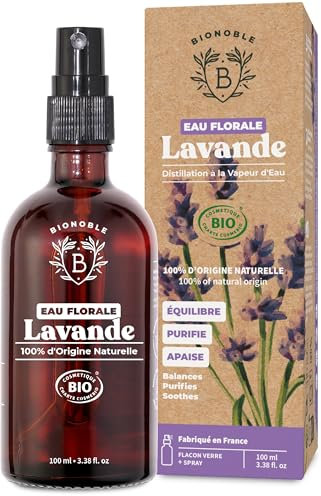 BIONOBLE Idrolato di Lavanda Bio e 100% di Origine Naturale - Lenisce, Purifica e Regola - Acqua di lavanda per Acne - Viso, Corpo, Capelli - Bottiglia di Vetro con Spray - Prodotto in Francia - 100ml