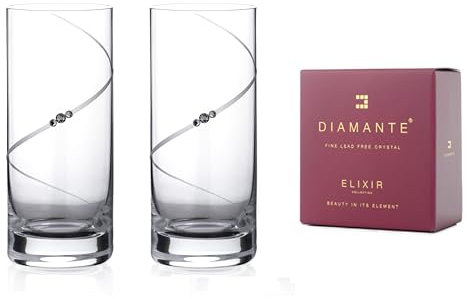 DIAMANTE Crystal Highball Glasses Pair with ‘Silhouette’ Collection Hand Cut Design - Set of 2 Universal Tall Long Drink Glasses