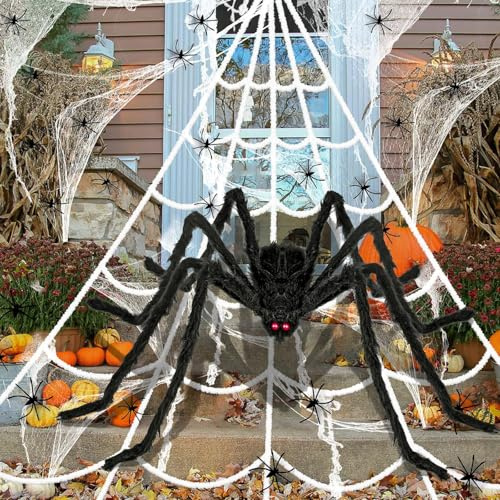 UGXJAIO Halloween Decorations Spider Web,50'' Giant Spider + 200”Triangular Spider Web with 40G Stretchy Spiderweb + 20 Mini Spiders for Indoor Outdoor Halloween Decor Garden Yard Haunted House,Black