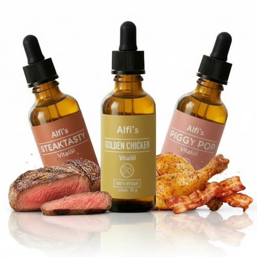 Alfi's Vitalöl Juego de 3 boosters veganos con sabor a carne Omega 3 y 6 de onagra, oliva y aceite de linaza 100 % vegetal, rico en nutrientes (juego de 3, Steaktasty Golden Chicken Piggy Pop)